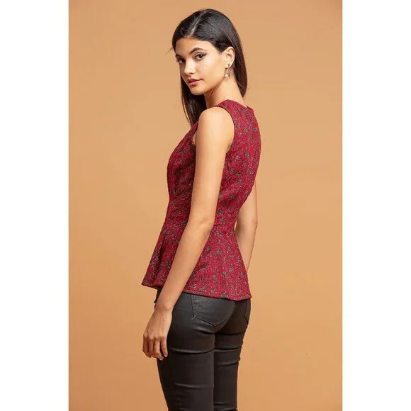 Anthropologie Eva Franco Metallic Sleeveless Peplum Top Tank Burgundy - Picture 4 of 5